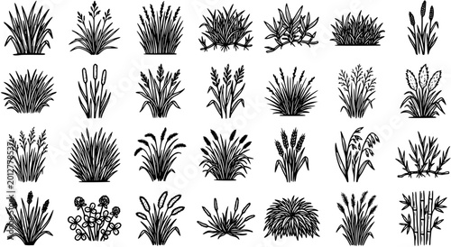 Black and White Hand Drawn Nature Grass, Plant, and Crop Bushes Vector Line Art Icon Set for Agriculture and Landscaping