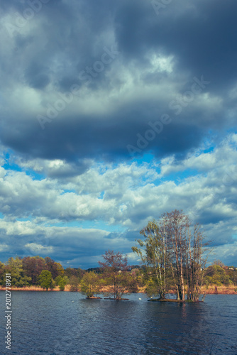 Dramatic Spring Clouds Over Lake and Trees Vertical View