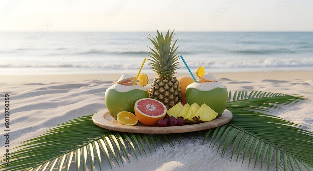 Obraz premium Tropical beach scene with pineapple and fruit on a wooden platter on sand