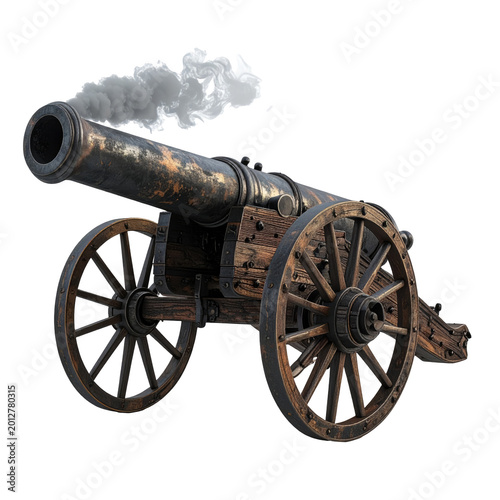 Rendered image of an antique cannon with wooden wheels, smoke billowing from the barrel