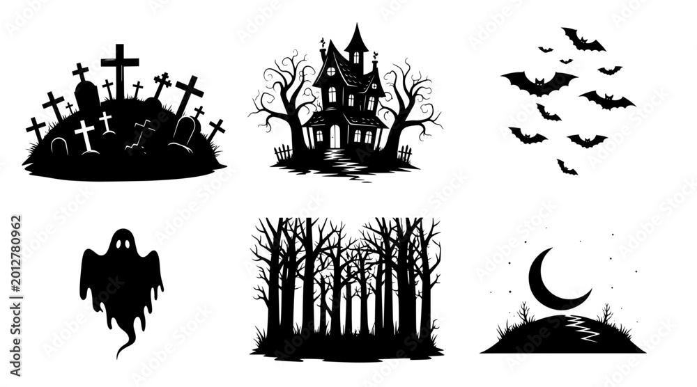 Fototapeta premium Spooky Halloween Night Silhouette Collection: Haunted House, Graveyard, Ghost, Bats, Forest, Moon