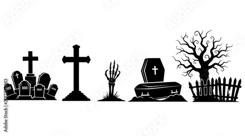 Photos Graveyard Silhouette Set: Tombstones, Crosses, Skeleton Hand, Coffin, Haunted Tr