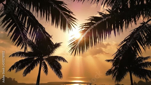 Scenic Tropical Sunset Sky with Silhouetted Palm Trees on a Beautiful Vacation Beach Background
