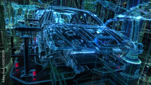 Digital Twin Car Factory Visualisation Shows Robotic Arms Assembling a Vehicle Body on an Automated Conveyor Line, With Neon Data Grids, Smart Factory Control, Precision Engineering and Industry 4.0.