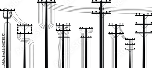 Tableau sur toile Vintage utility pole silhouette collection with overhead power lines and electri