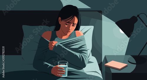 A Bedridden Woman Feels Miserable and Sick at Night with a Glass of Water nearby