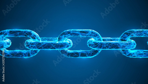 A glowing blue digital chain rendered with interconnected nodes and lines representing secure data connectivity, blockchain technology, and strong logical links in a virtual network.