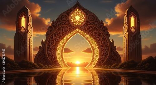 Mystical Golden Gateway Arch at Sunset Over Water.