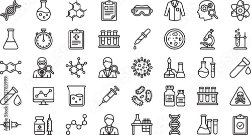 Foto Medical laboratory science and biotechnology outline icon set for healthcare che