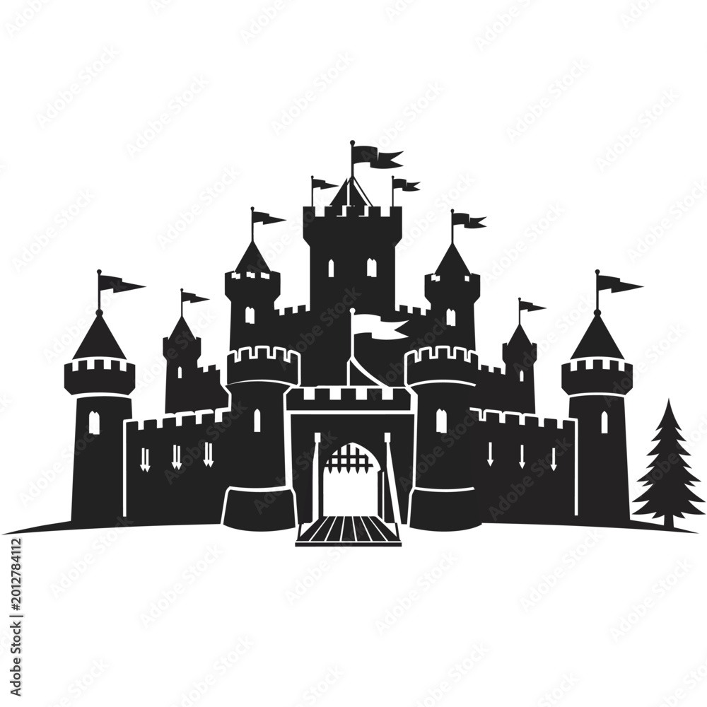 Obraz premium Castle silhouette with towers and flags, flat vector, white background.eps