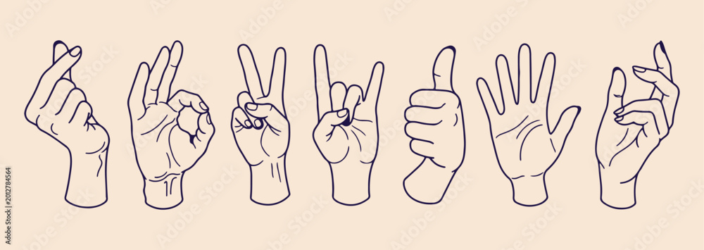 Fototapeta premium Peace sign hand gesture, rock and roll icons, thumbs up approval art, minimalist hand pose set, friendly communication line art, positive vibes hand doodles, clean vector gesture collection 