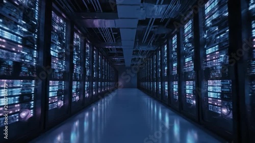 Futuristic Dark Server Room Corridor with Illuminated Racks in a Modern Data Center Environment