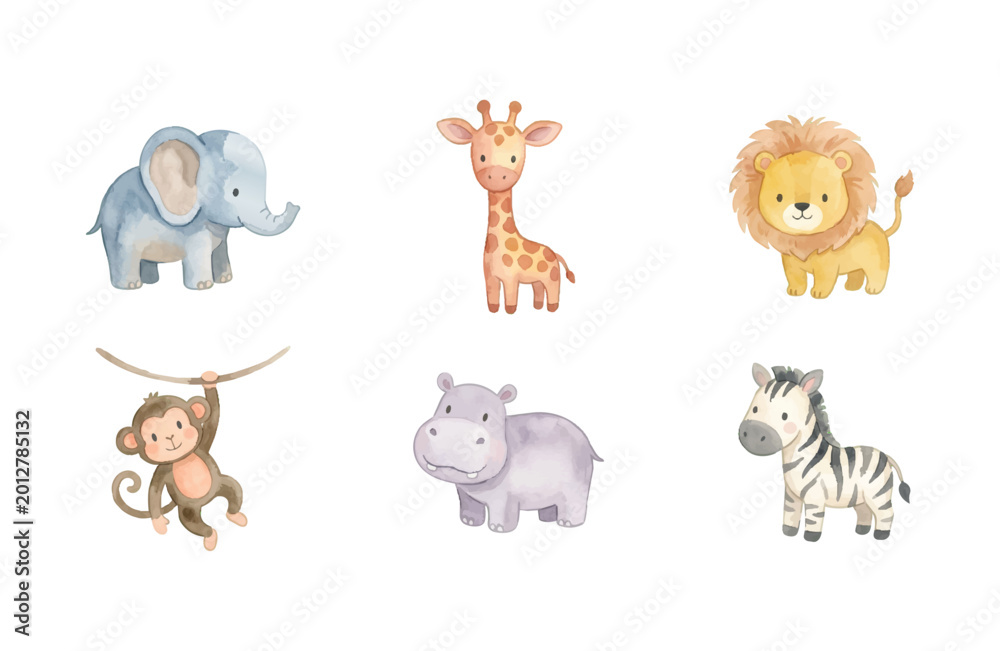 Fototapeta premium Watercolor Baby Zoo Animal Icons Collection