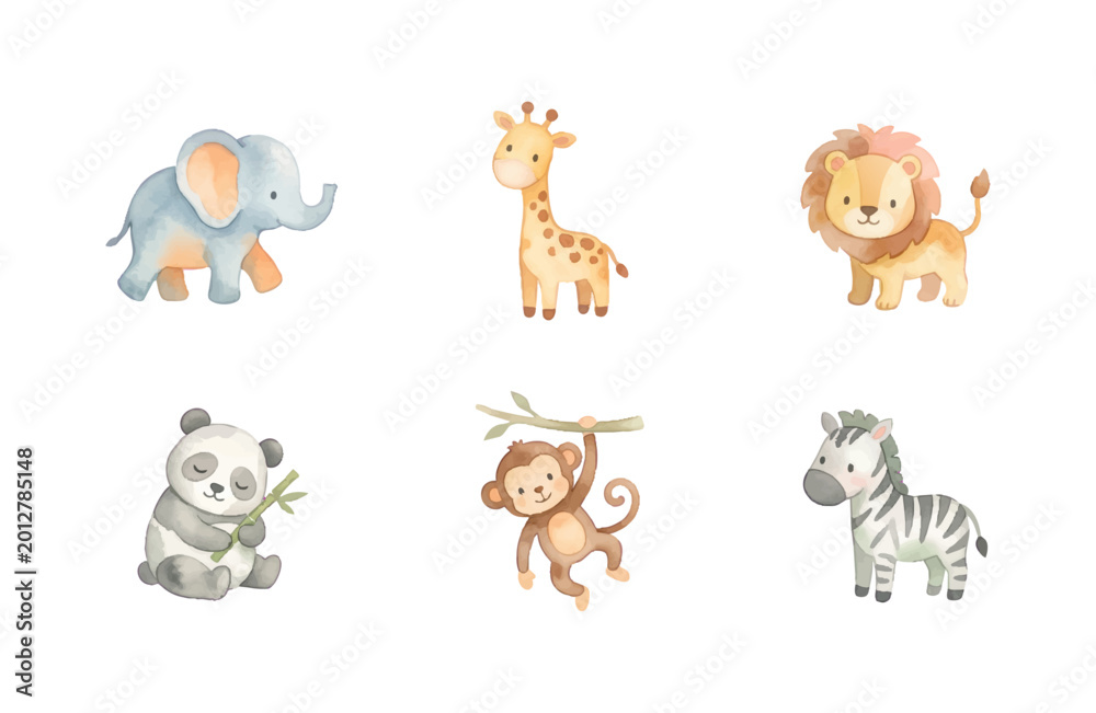Fototapeta premium Watercolor Baby Zoo Animal Icons Set