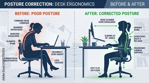 Posture correction infographic showing desk ergonomics before and after  