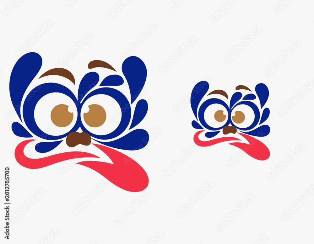 Fototapeta premium Funny blue and brown abstract face with long tongue mascot