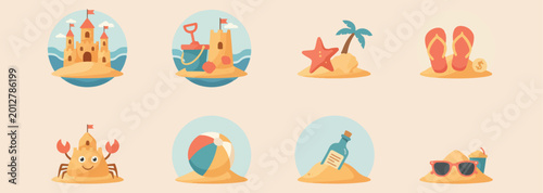 Foto Beach sandcastle vacation icons, sunny summer holiday graphics, tropical island
