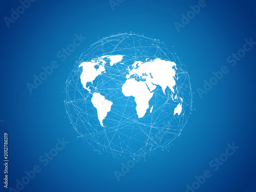 A detailed white world map globe illustration features intricate interconnected lines representing global communication networks and digital data exchange across our modern interconnected planet earth