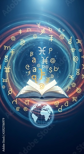 Mystical open book with floating astrology symbols and glowing earth globe.