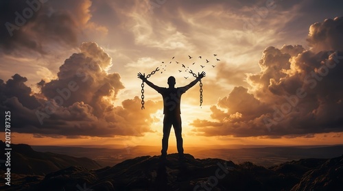 Man enjoying nature at sunrise after breaking his chains to set the birds free.