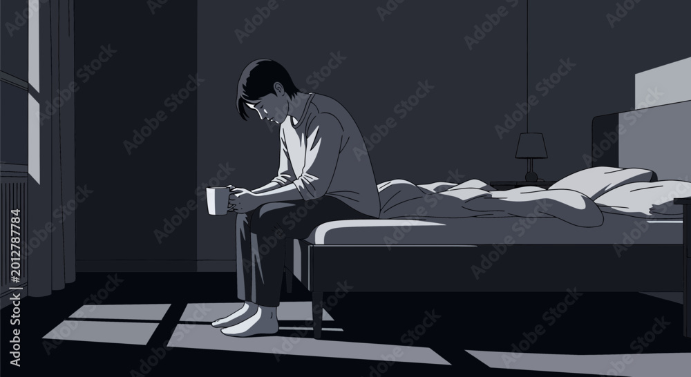 Fototapeta premium A Person Contemplating in a Bedroom Lit by Sunlight and Deep Shadows