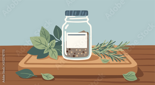 Flat illustration spice jar, basil, rosemary on cutting board, wooden table, blue background