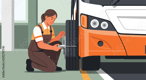 Woman in overalls uses wrench to fix large orange and white vehicle's tire in garage
