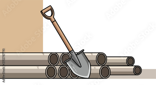 A gray shovel leans on two rows of stacked pipes, with a plain brown and white background