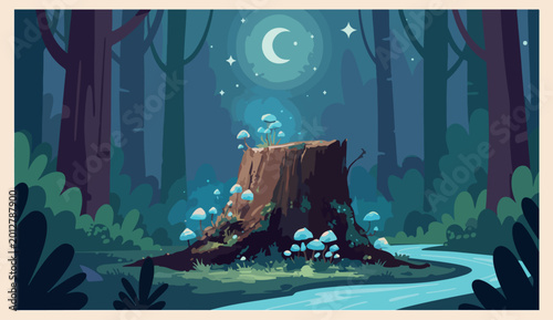 Vászonkép Enchanted moonlit forest landscape, magical glowing mushroom stump, mystical nig