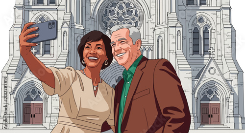 Diverse couple smiling, taking selfie in front of a detailed Gothic-style church