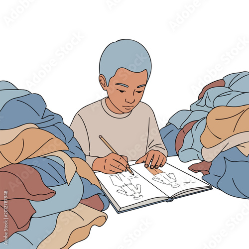 Young person drawing fashion designs in a sketchbook surrounded by fabric piles