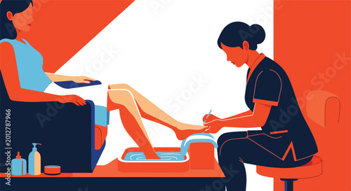 Woman receives pedicure from a beautician in a minimalist, colorful illustration