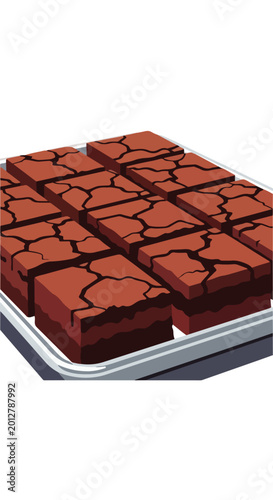 Overhead view of a tray of freshly baked, fudgy brown square brownies with cracked tops
