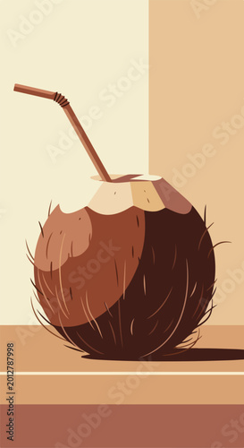 Stylized coconut drink with a straw, showing its husk texture in monochromatic browns/beiges