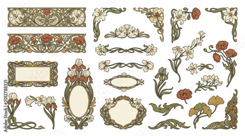 Art Nouveau Floral Frame Border Vintage Botanical Decorative Vector Elements Set