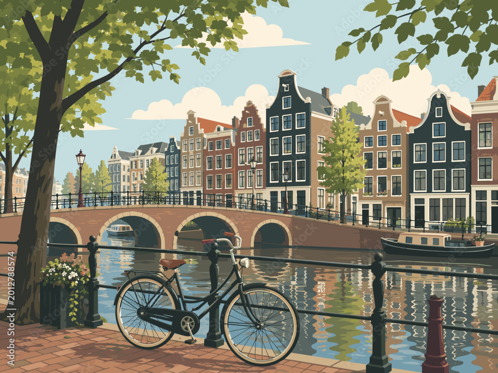 Obraz premium Flat vector illustration of a bicycle near Amsterdam canal houses with bridge, trees and clean travel postcard composition.