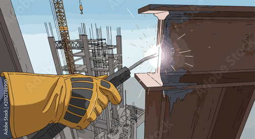 Gloved hand welding an I-beam at a construction site with crane and incomplete buildings