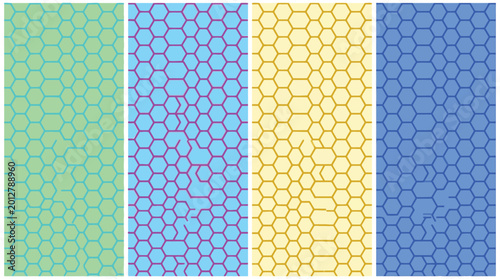 Geometric honeycomb pattern set, abstract hexagon vector backgrounds in green blue and yellow, modern repeating cell texture for web design