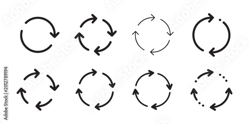 Minimalist circular arrow line icons for web interface refresh and reload actions on transparent background.