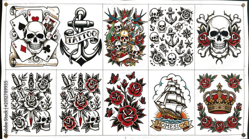 Foto American Traditional Tattoo Flash Art Set with Skull, Anchor, Rose, Eagle, Dagge
