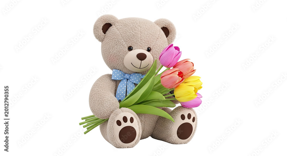 Obraz premium Teddy Bear Holding a Bouquet of Tulips