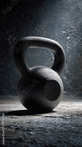 A textured black kettlebell stands alone on a rough concrete floor with a dark, moody backdrop.