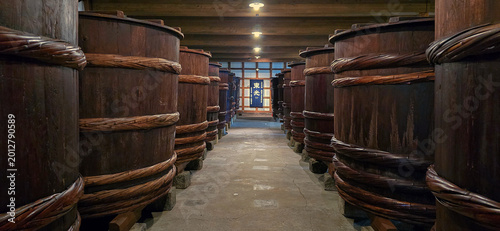 Photos Traditional Wooden Fermentation Barrels in Japanese Brewery Warehouse