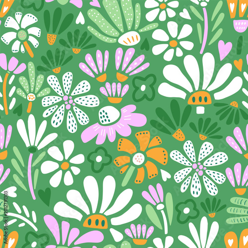 Seamless botanical texture with abstract flowers. Floral vector pattern on green background.