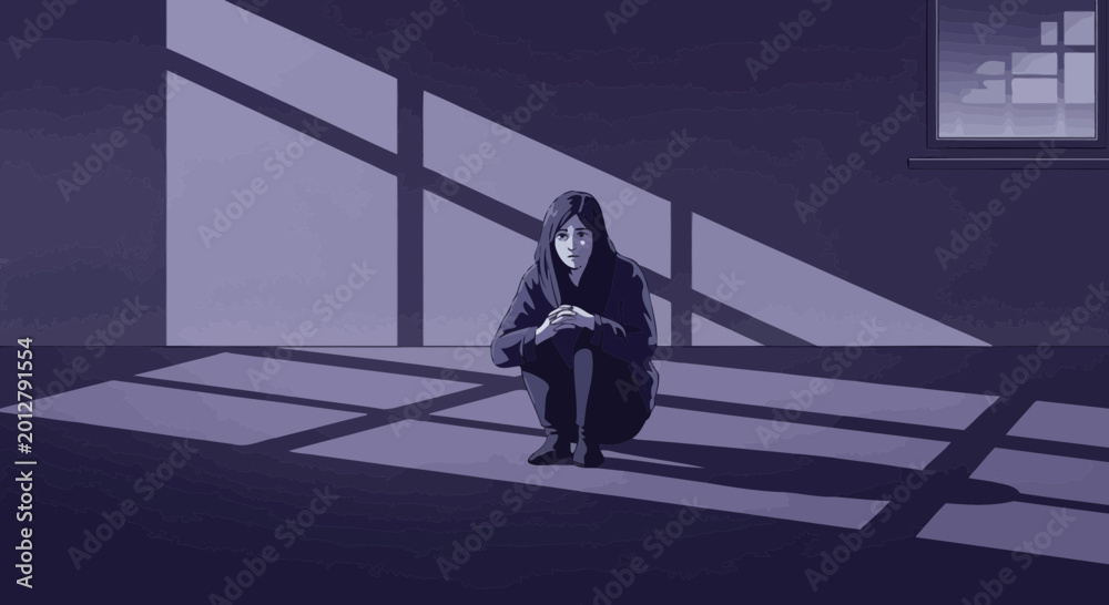 Fototapeta premium A Person In a Depressed State Sitting Alone Inside, Window Light and Shadows
