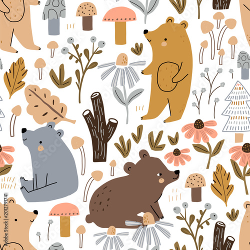 Seamless childish pattern with cute bears in autumn forest. Creative kids forest texture for fabric, wrapping, textile, wallpaper, apparel. Vector illustration