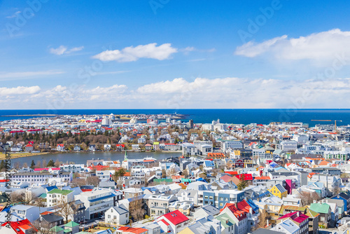 Colorful roofs of Reykjavik, capital of Iceland, from the top of the Hallgrimskirkja church