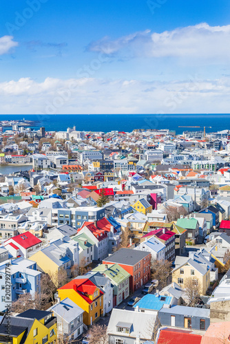 Colorful roofs of Reykjavik, capital of Iceland, from the top of the Hallgrimskirkja church