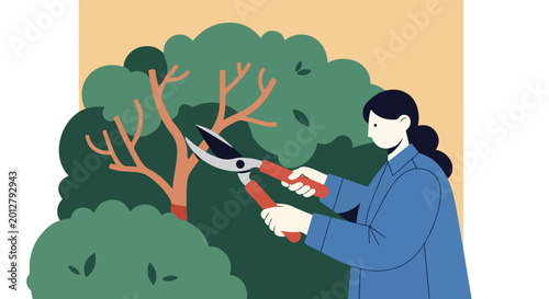 Flat illustration of a person in a blue shirt pruning green bushes with large red shears