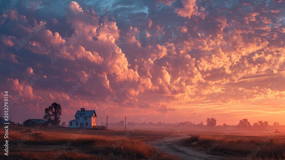 Fototapeta premium Lonely farmhouse at sunset under dramatic golden clouds over a quiet rural landscape and dirt road